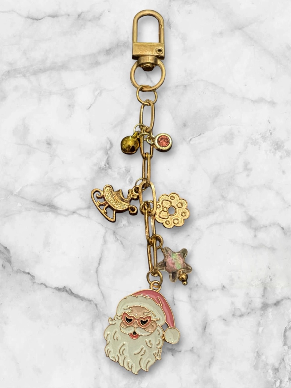 Gold-Tone Santa Charm Keychain with Pink & White Enamel